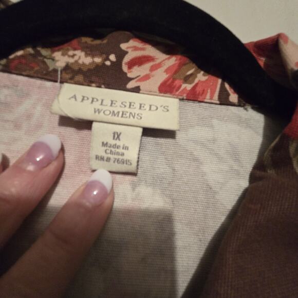 Appleseeds Floral Jean Jacket Shacket Womens 1X Cotton Brown Boho Cottage - Picture 5 of 11